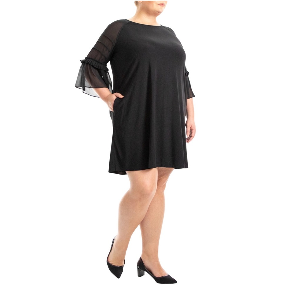 Nina Leonard Plus Size 3X Black Sheer Bell‎ Sleeve Shift Dress Pockets